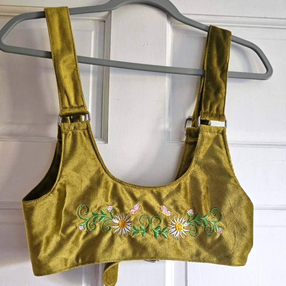 UO Green/Gold Velvet Embroidered Buckle Strap Top